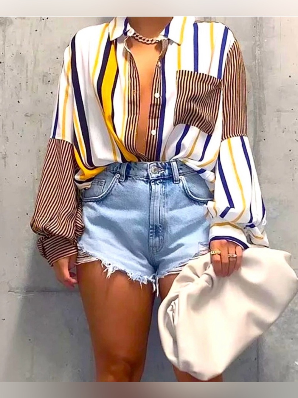 Striped Button-Front Women's Blouse in White, Yellow & Brown